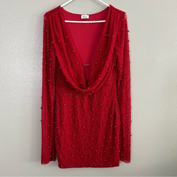 Oh Polly Deep Plunge Fully Beaded Red Long Sleeve Cowl Neck Mini Dress 8 Holiday - Picture 2 of 13